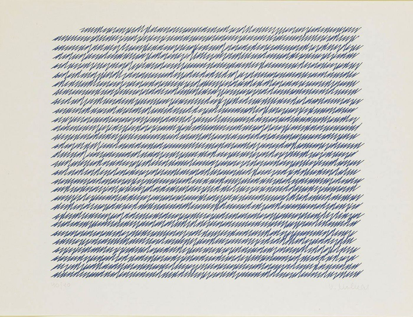 A conceptual artwork by Vera Molnar composed of tightly arranged diagonal blue marks resembling repetitive slashes or coded handwriting, forming a dense rectangular field on a white background, suggestive of a letter or encrypted message.