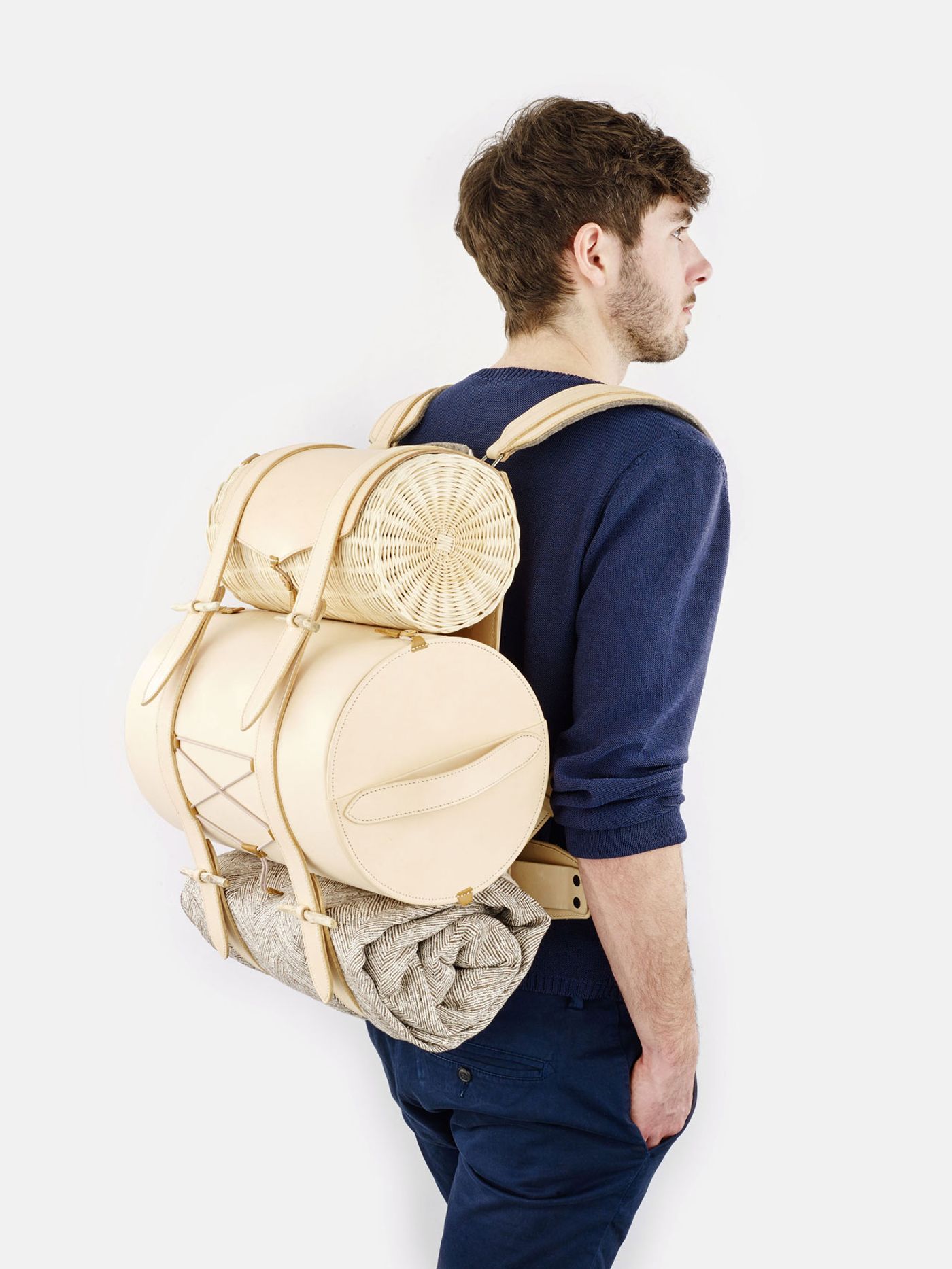 Aventure Romantique picnic bag designed by Alexis Tourron. Made of leather, rattan and steel, this bag contains several accessories that allow its users to improvise a romantic meal out in the open. 
Graduation Project by Alexis TourronECAL, University of Art and Design Lausanne
Part of the Global Grad Show 2016.