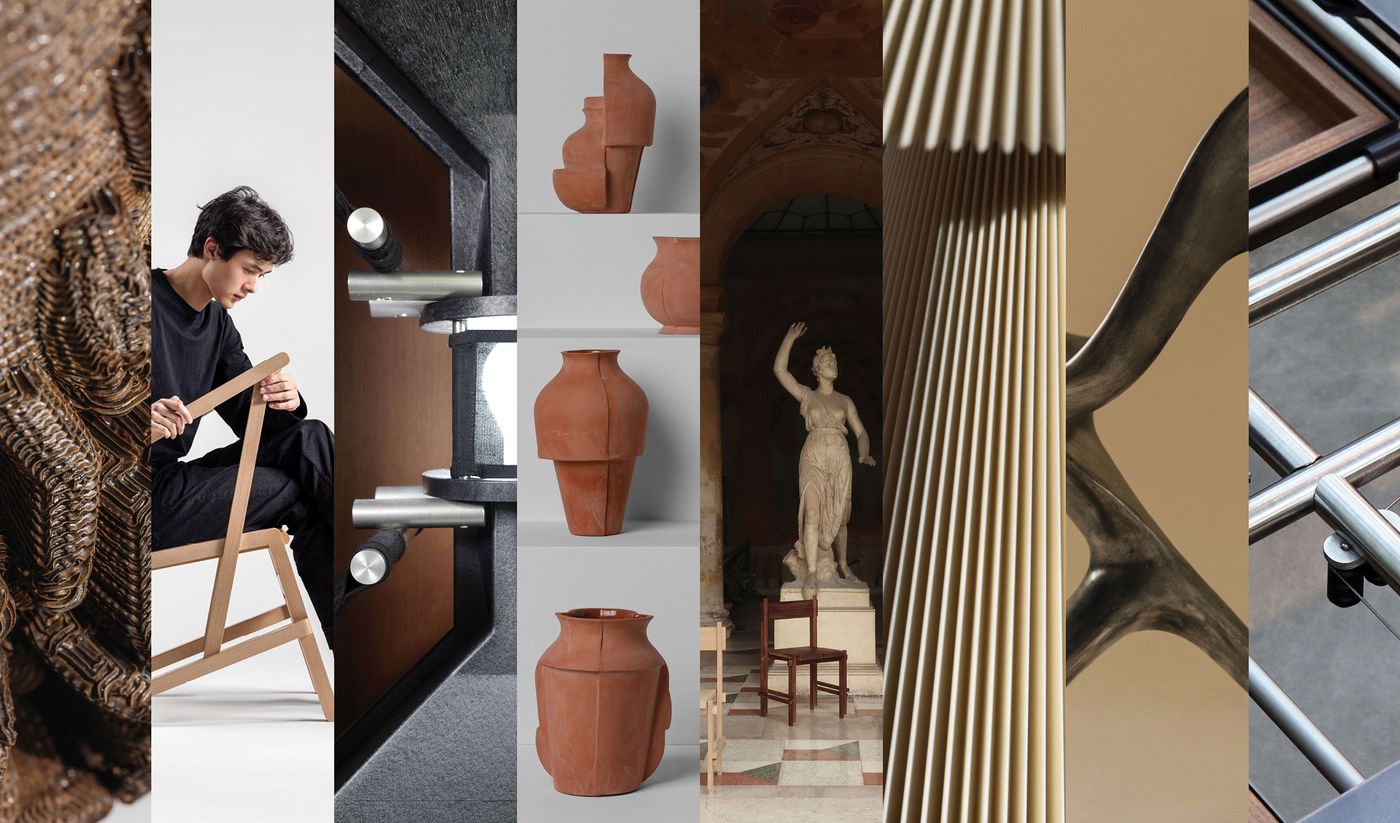 Collage of design objects from SaloneSatellite 2025, including a woven textile, a chair-making process, mechanical components, sculptural terracotta vases, a classical statue with modern furniture, a pleated lampshade, sculpted metal detail, and a chrome structure.