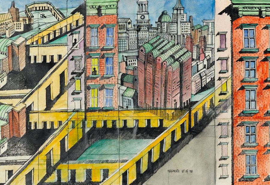 This watercolor illustration depicts a vibrant, stylized cityscape. The perspective draws the eye through a series of interconnected urban blocks, characterized by brick facades, distinct window patterns, and varying rooflines. A prominent yellow elevated walkway or structure adds a geometric element against the backdrop of a distant city skyline. The palette is a mix of earthy tones, punctuated by colorful window frames, evoking a lively yet structured urban environment.