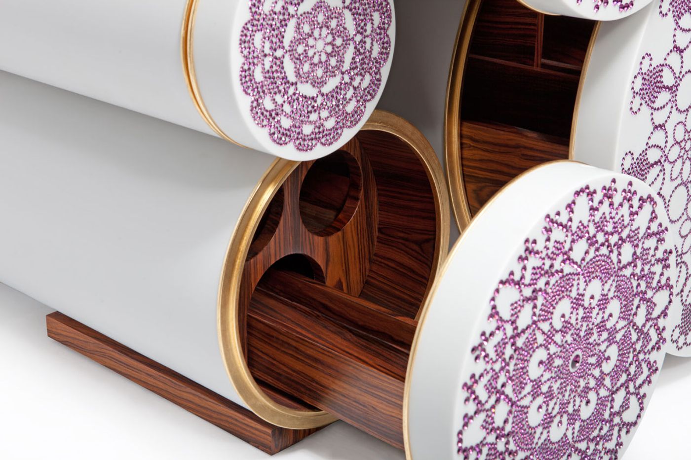 The Cities contemporary design and art showroom (in Riyadh and Dubai) curated an exhibition in the setting of the famed Pan-Asian restaurant &amp; bar Novikov in Dubai. Featured here : Limited edition Enxoval cabinet-bar by Helena &amp; Carlos Costa for ALMA DE LUCE. 