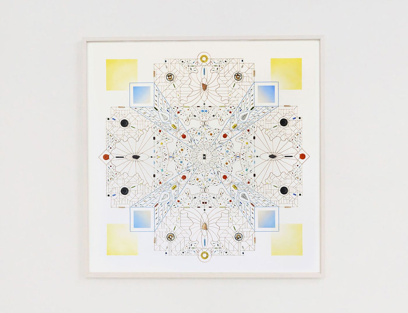 Technological Mandala 110 'Eye Collider', 2018. Electronic components, copper wires, varnish, lead, paper, acrylic paint, sand, speaker, stone, mdf,framed, 152x152x5,5 cm | 60x60x2¼  inches. Courtesy: The Flat – Massimo Carasi. Photo by The Flat.
