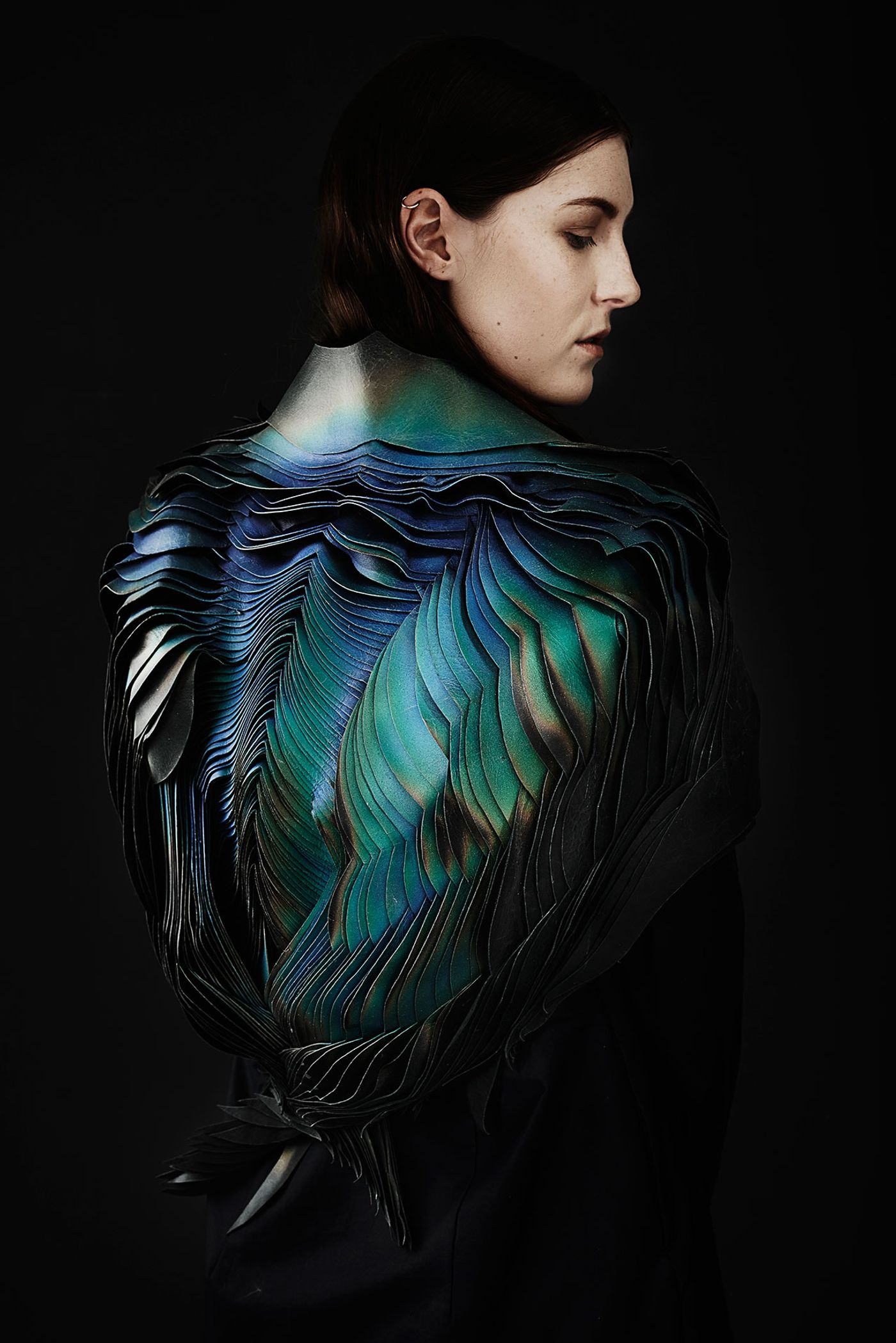 TheUnseen: Lauren Bowker, Jacket, from the AIR collection, 2014, Leather, wind-reactive ink. Jonny Lee Photography © TheUnseen. 
