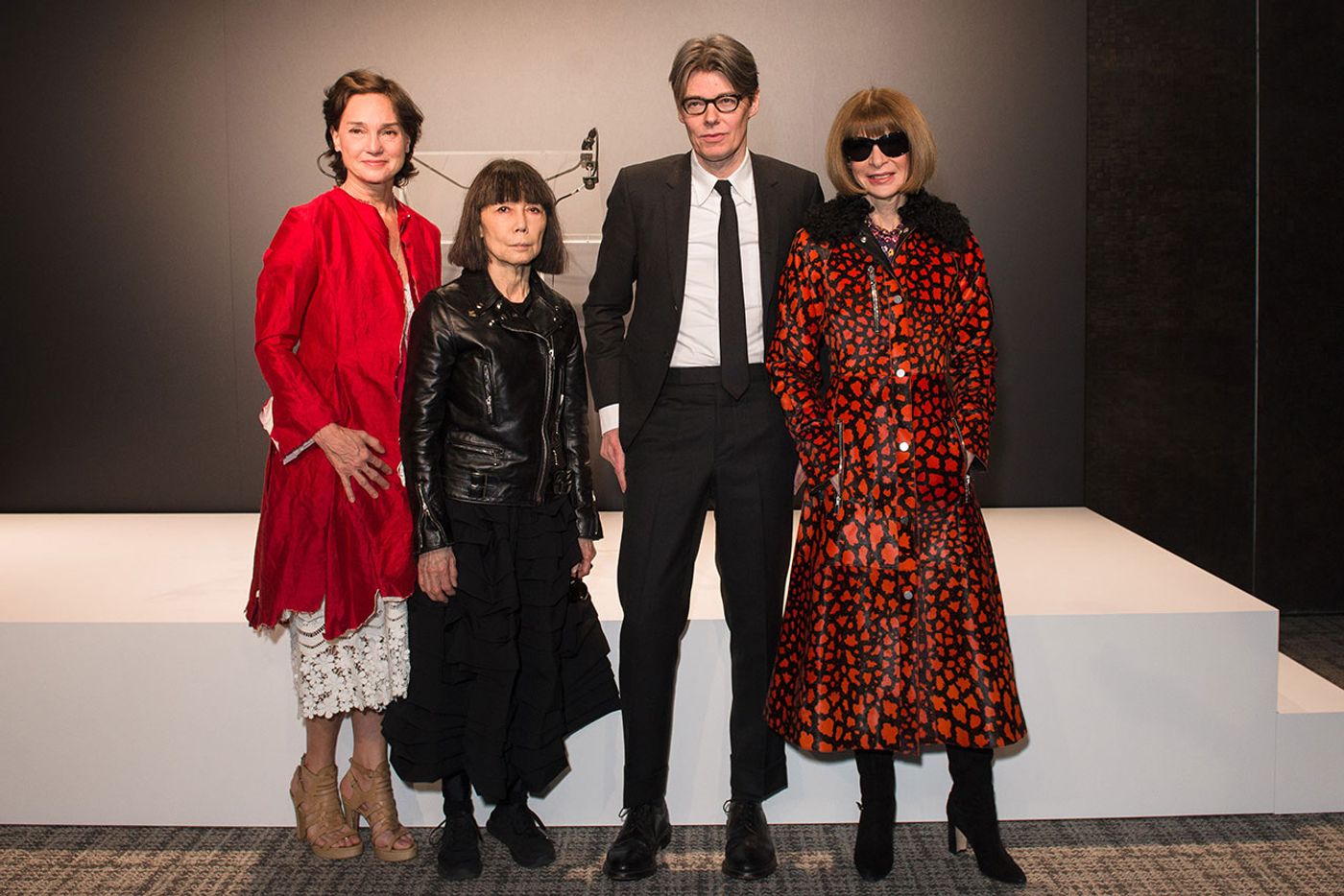 (from left) Carrie Rebora Barratt, ReiKawakubo, Andrew Bolton, and AnnaWintour at The Met's Rei Kawakubo/Comme des Garçons: Art of the In-Between advance press event. Courtesy of The Metropolitan Museum of Art/BFA.com.