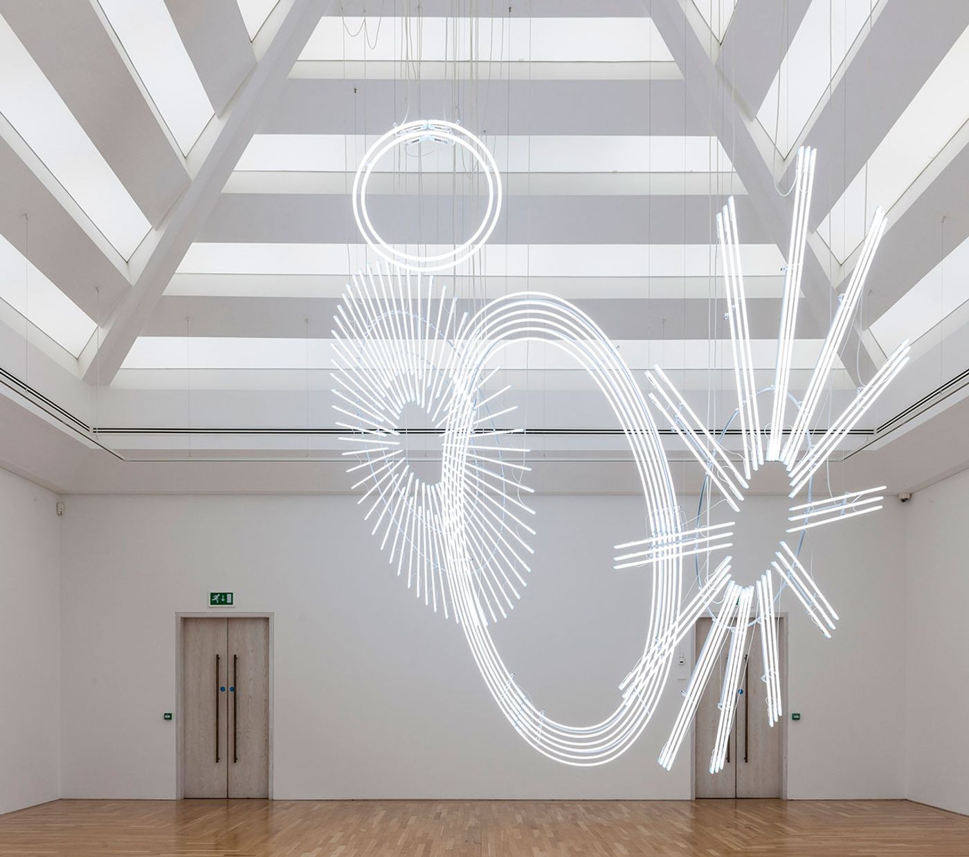 Cerith Wyn Evans, Radiant fold (…the Illuminating Gas), 2017-18. Installation view, Amgueddfa Cymru – National Museum Wales, Cardiff, 2018. © Cerith Wyn Evans. Courtesy Amgueddfa Cymru – National Museum Wales. Photo: Robert Maggs. Cerith Wyn Evans, Radiant fold (…the Illuminating Gas), 2017-18. Installation view, Amgueddfa Cymru – National Museum Wales, Cardiff, 2018. © Cerith Wyn Evans. Courtesy Amgueddfa Cymru – National Museum Wales. Photo: Robert Maggs.