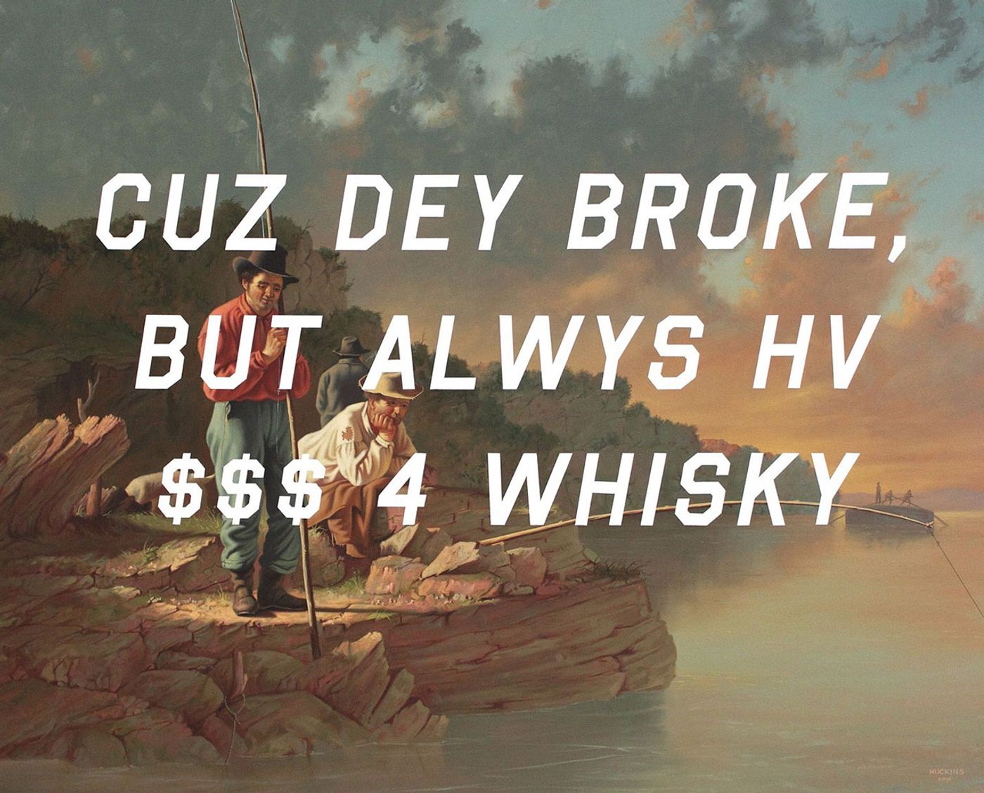 Shawn Huckins, Fishing On The Mississippi: Because They Broke, But Always Have Money For Whiskey, acrylic on canvas, 32 x 40 in (81 x 102 cm), 2015. Private collection.