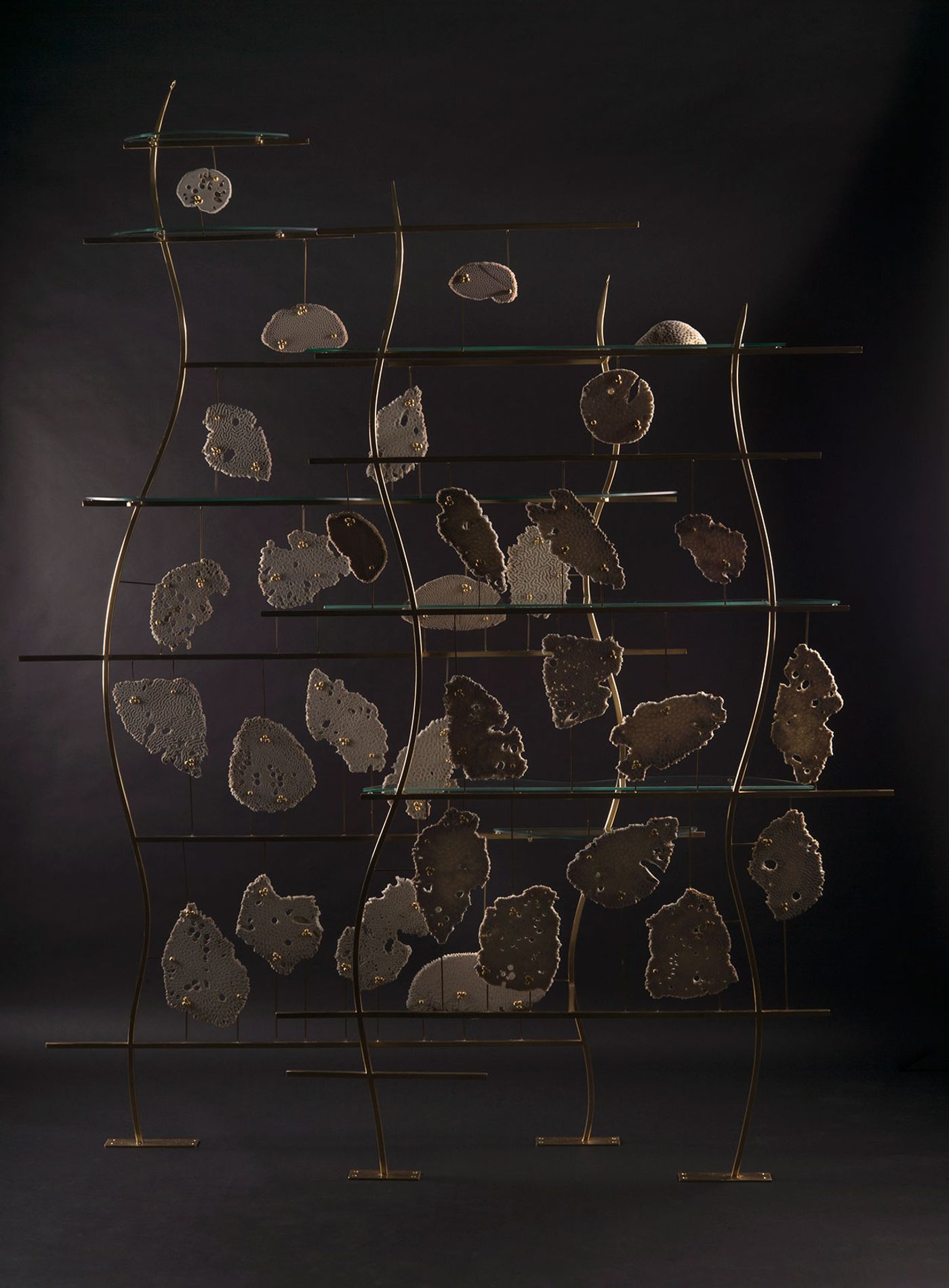 Coral I Room Divider by Zuleika Penniman, 2016. Reclaimed coral, gold, steel. 200 x 30 x 225 cm. Photo courtesy of the designer and Tashkeel.