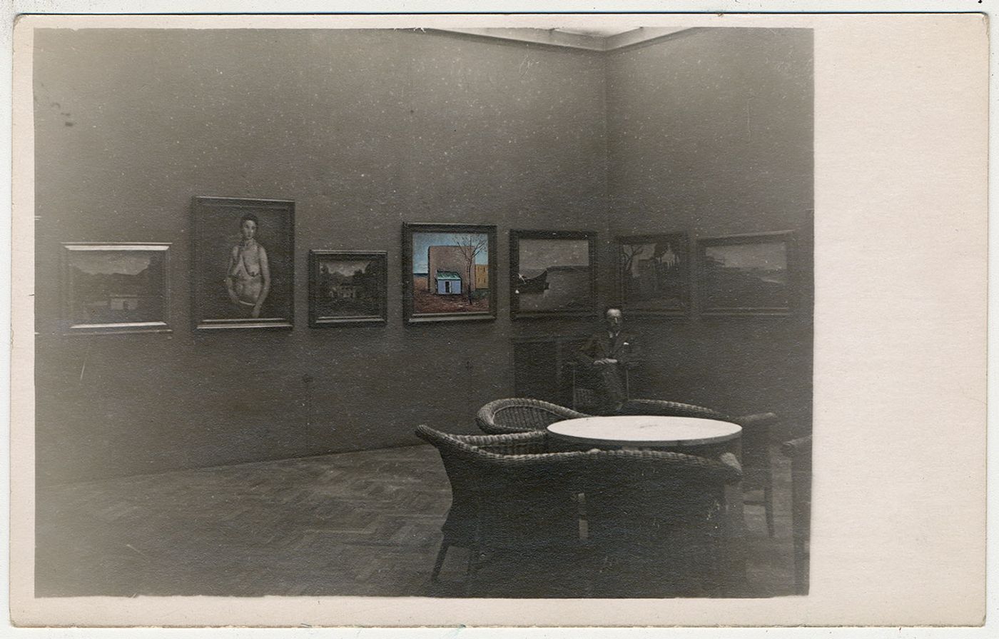 Rendered photographic image for “Post Zang Tumb Tuuum” (Fondazione Prada, Milan, 2018). Installation view of Carlo Carrà solo show at Umelecka Beseda in Prague, 1932. Among the exhibited works, Il Bersaglio (1928) by Carlo Carrà - For the work © Carlo Carrà by SIAE 2018. Archive Carlo Carrà.