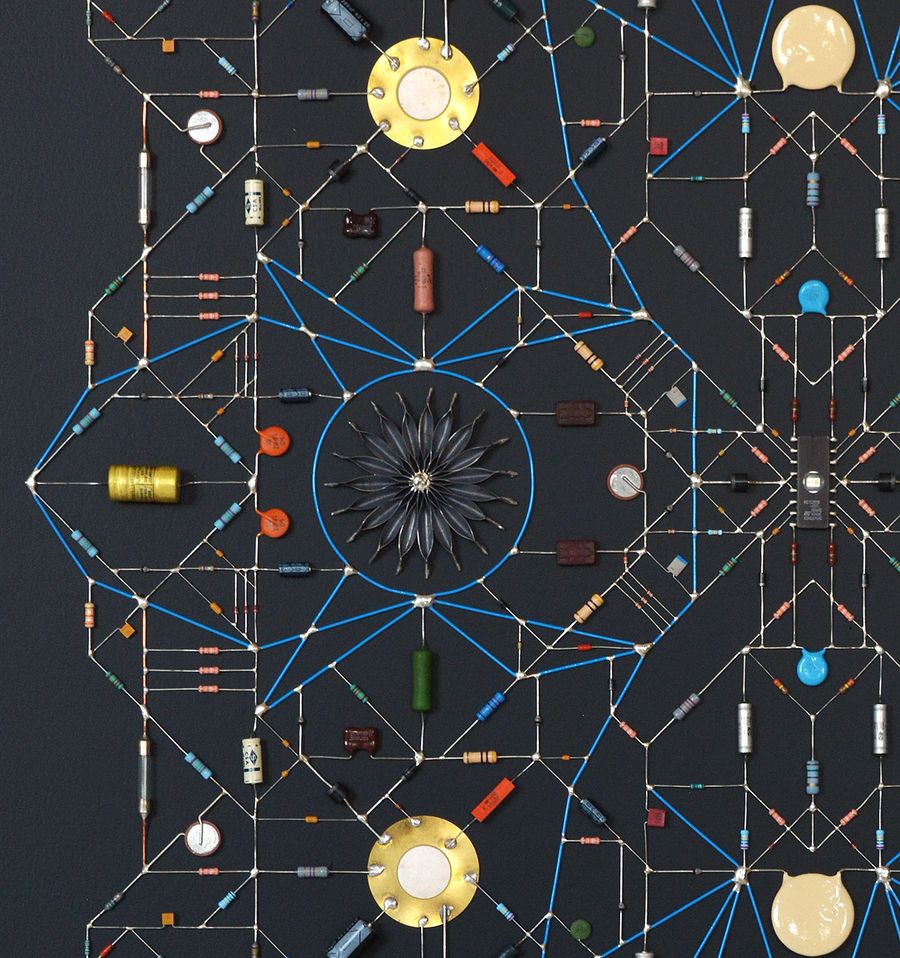 Technological Mandala 101 (close up), 2019. Electronic components, copper wires, varnish, lead, paper, acrylic paint, mdf, framed, 84x84x5,5 cm | 33x33x2¼ inches. Courtesy: The Flat – Massimo Carasi. Photo by The Flat. Technological Mandala 101 (close up), 2019. Electronic components, copper wires, varnish, lead, paper, acrylic paint, mdf, framed, 84x84x5,5 cm | 33x33x2¼ inches. Courtesy: The Flat – Massimo Carasi. Photo by The Flat.