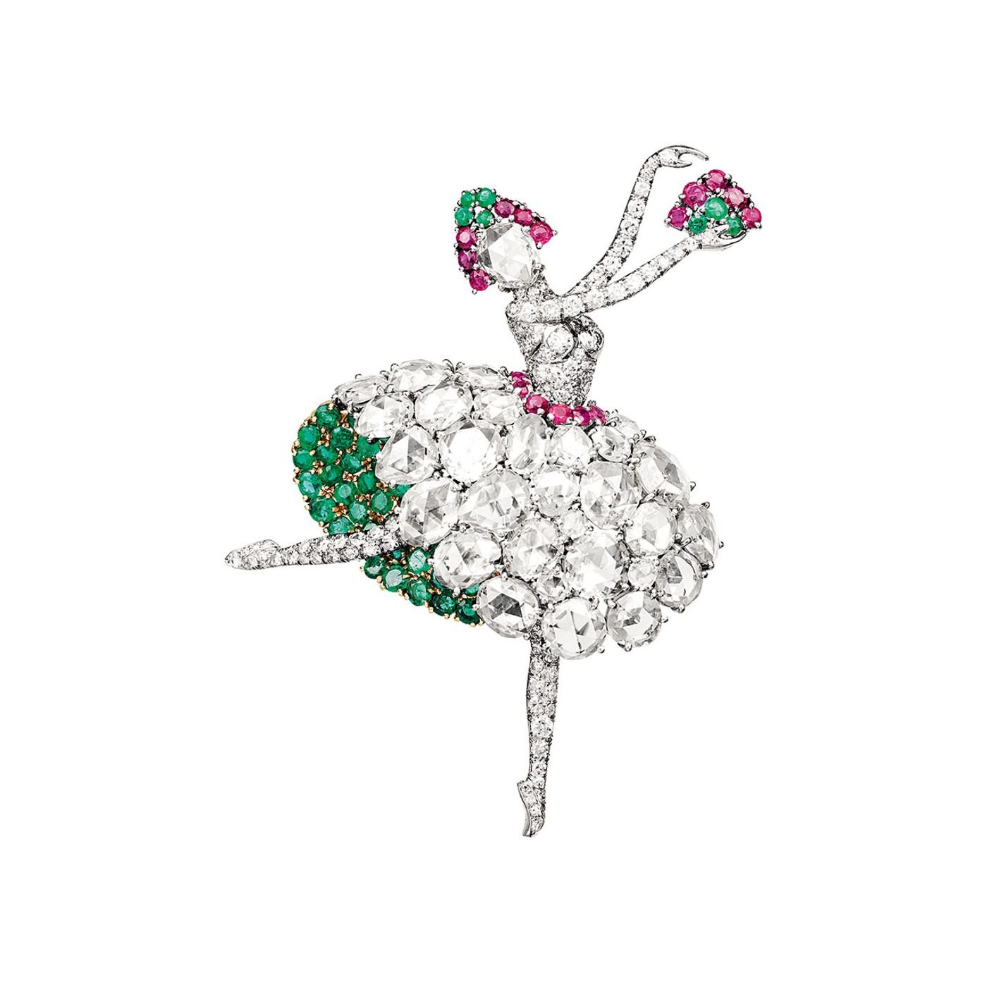 Spanish ballerina clip, 1941. Platinum, gold, rubies, emeralds, diamonds. Van Cleef &amp; Arpels Collection. Photo by Patrick Gries © Van Cleef &amp; Arpels.