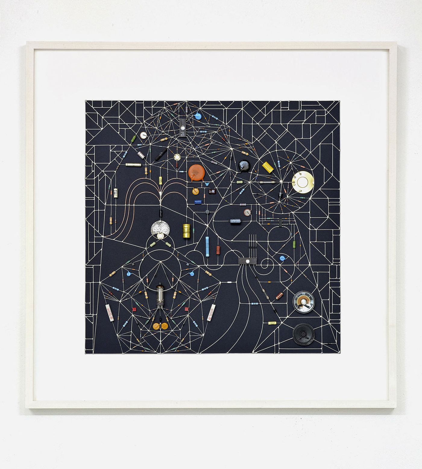 Technological mandala 116 - transit within the black square, 2017. Electronic components, copper wire, acrylic paint, paper, wood frame, 84x84x5,5 cm | 33x33x2¼ inches. Courtesy: The Flat – Massimo Carasi. Photo by The Flat.