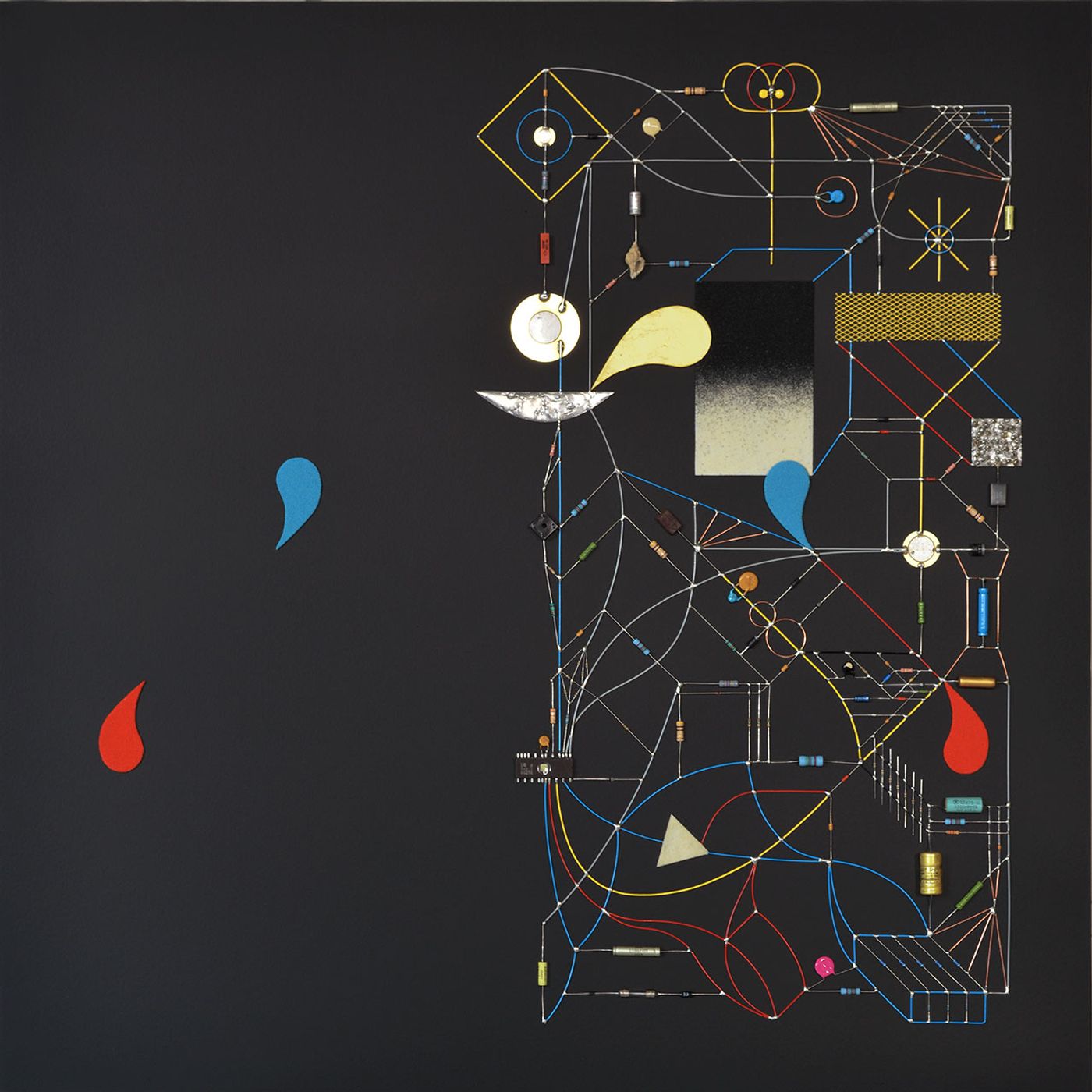 Technological Mandala 119 - LUMP I (close up), 2019. Electronic components, copper wires, varnish, lead, paper, acrylic paint, sand, steel, shell, gold leaf, mdf, framed, 84x84x5,5 cm | 33x33x2¼  inches. Courtesy: The Flat – Massimo Carasi. Photo by The Flat.