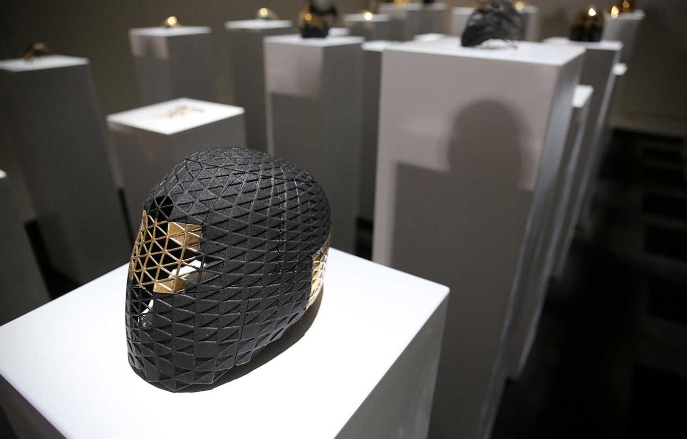 Simon Birch, Gloria Yu, Gabriel Chan and Jacob Blitzer, Crown from Hypercaine room, 2016. Brass, nylon, gold plate, marble, wood, stone, metal. Exhibition view. Photo by Gloria Yu.
