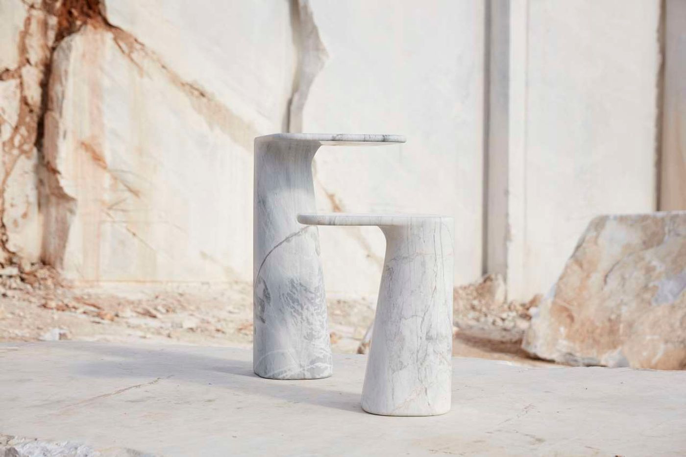 Hurlysi designed by Thomas Coward, Elba marble. Hurlysi Low - 400 x 400 x 500mm. Hurlysi High - 400 x 400 x 720mm. Part of New Volumes collection by Artedomus. Photo by Sean Fennessy. Hurlysi designed by Thomas Coward, Elba marble. Hurlysi Low - 400 x 400 x 500mm. Hurlysi High - 400 x 400 x 720mm. Part of New Volumes collection by Artedomus. Photo by Sean Fennessy.