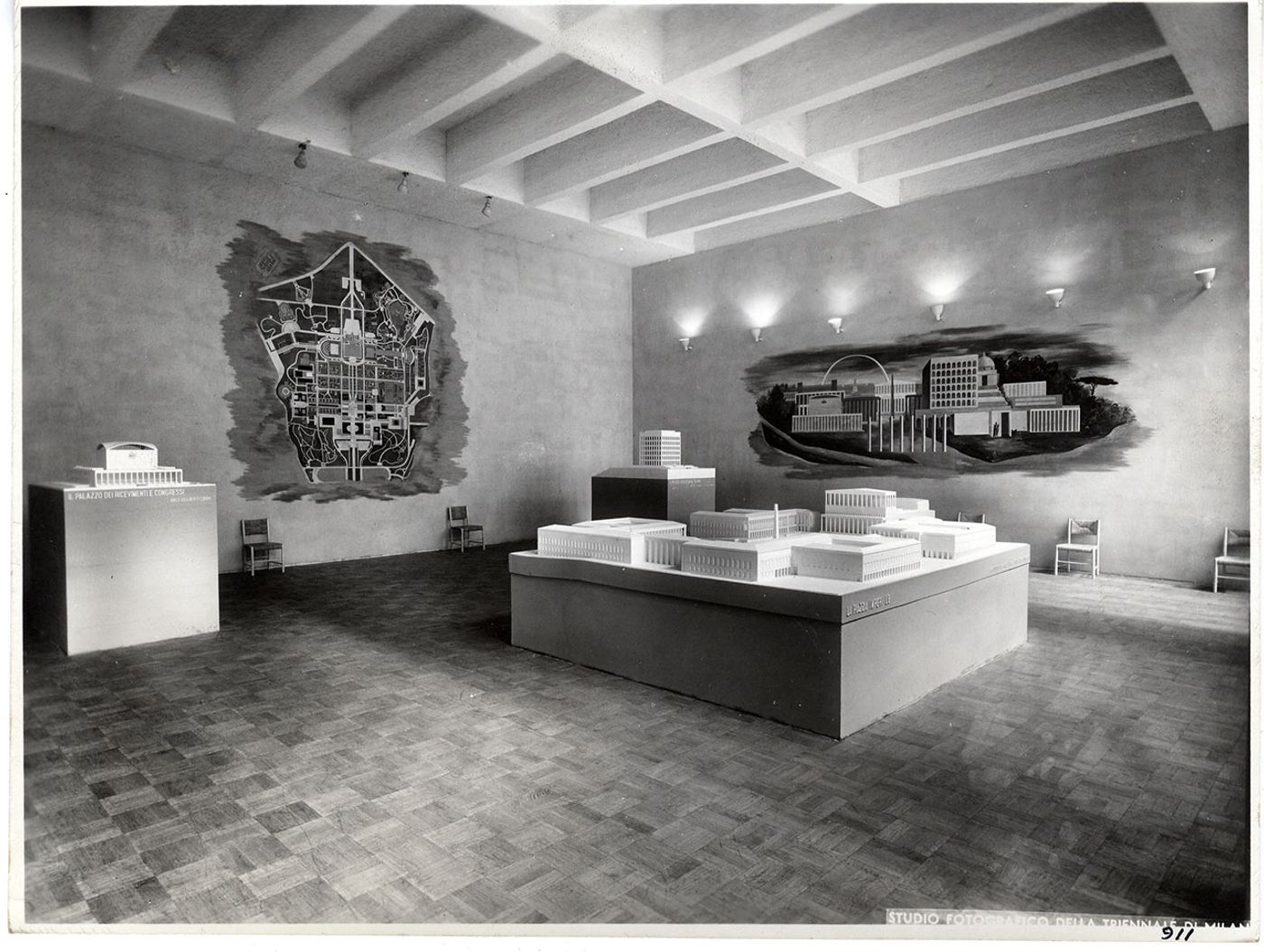 Architectural models for the Esposizione internazionale di Roma, exhibit at the VII Triennale di Milano, 1940. Section 1: The E42, Olimpiade della civiltà, in the architecture exhibition. Photographic Archive © La Triennale di Milano Foto Crimella.