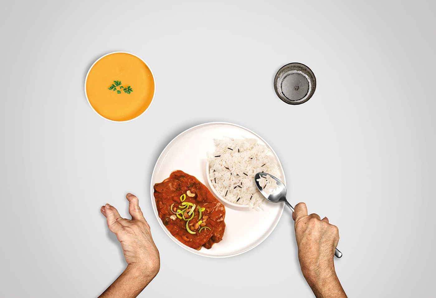 A plate showcasing a divided meal with rice and curry, emphasizing the practicality of the tableware for easy, organized eating.