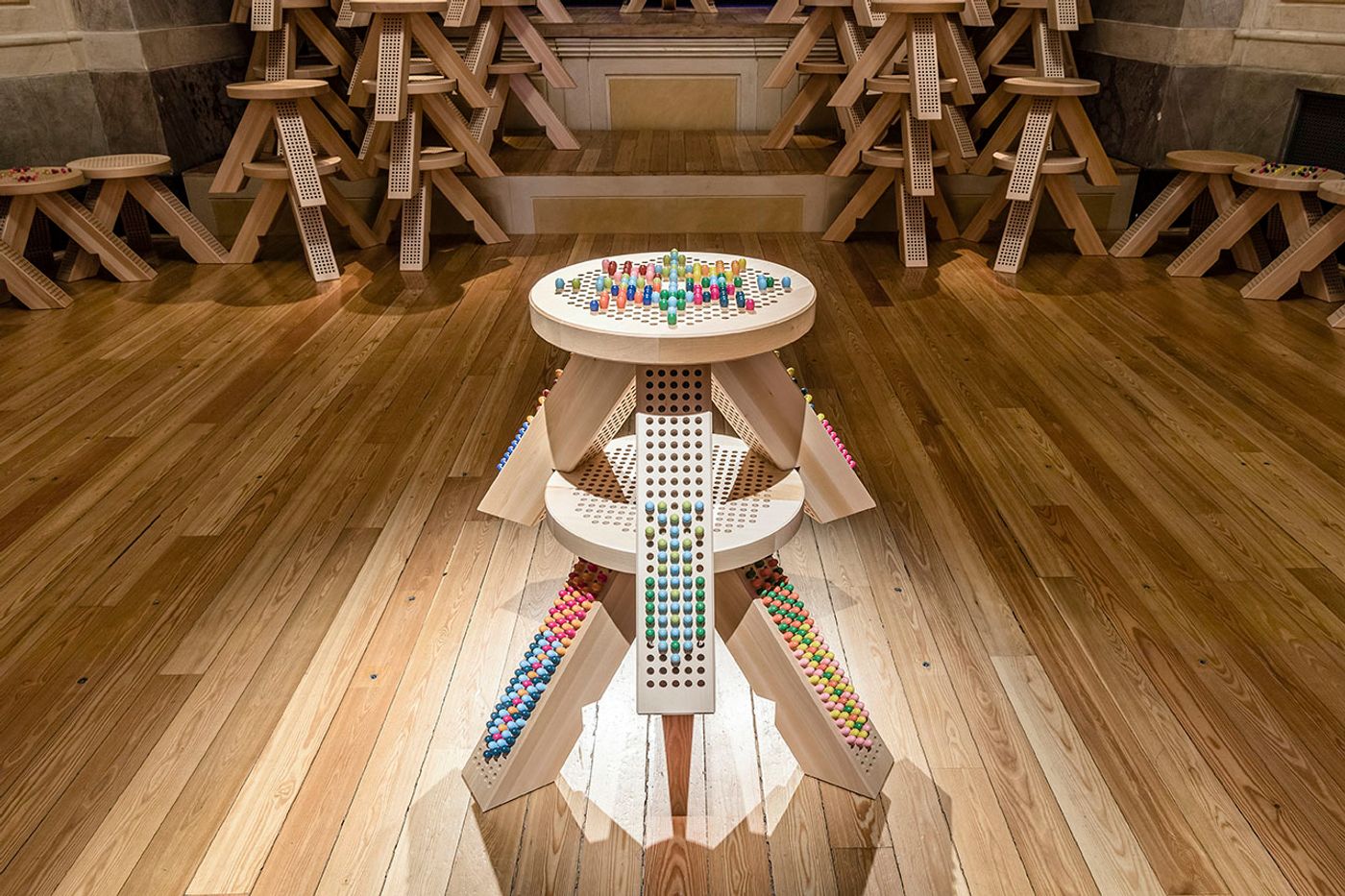 An installation dedicated to the MIU MIU M/MATCHING COLORSTOOL  (Edition of 300) by M/M Paris for Miu Miu at the TEATRO GEROLAMO in Milan.