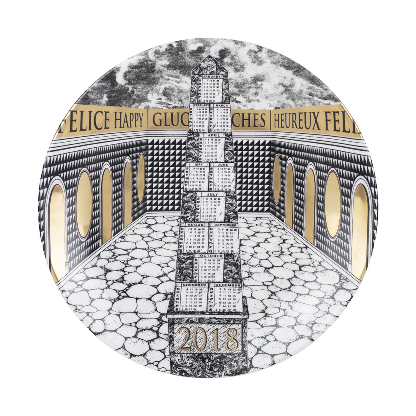 Fornasetti Piatto Calendario 2018, porcelain and gold, diameter 24 cm. Fornasetti Piatto Calendario 2018, porcelain and gold, diameter 24 cm.