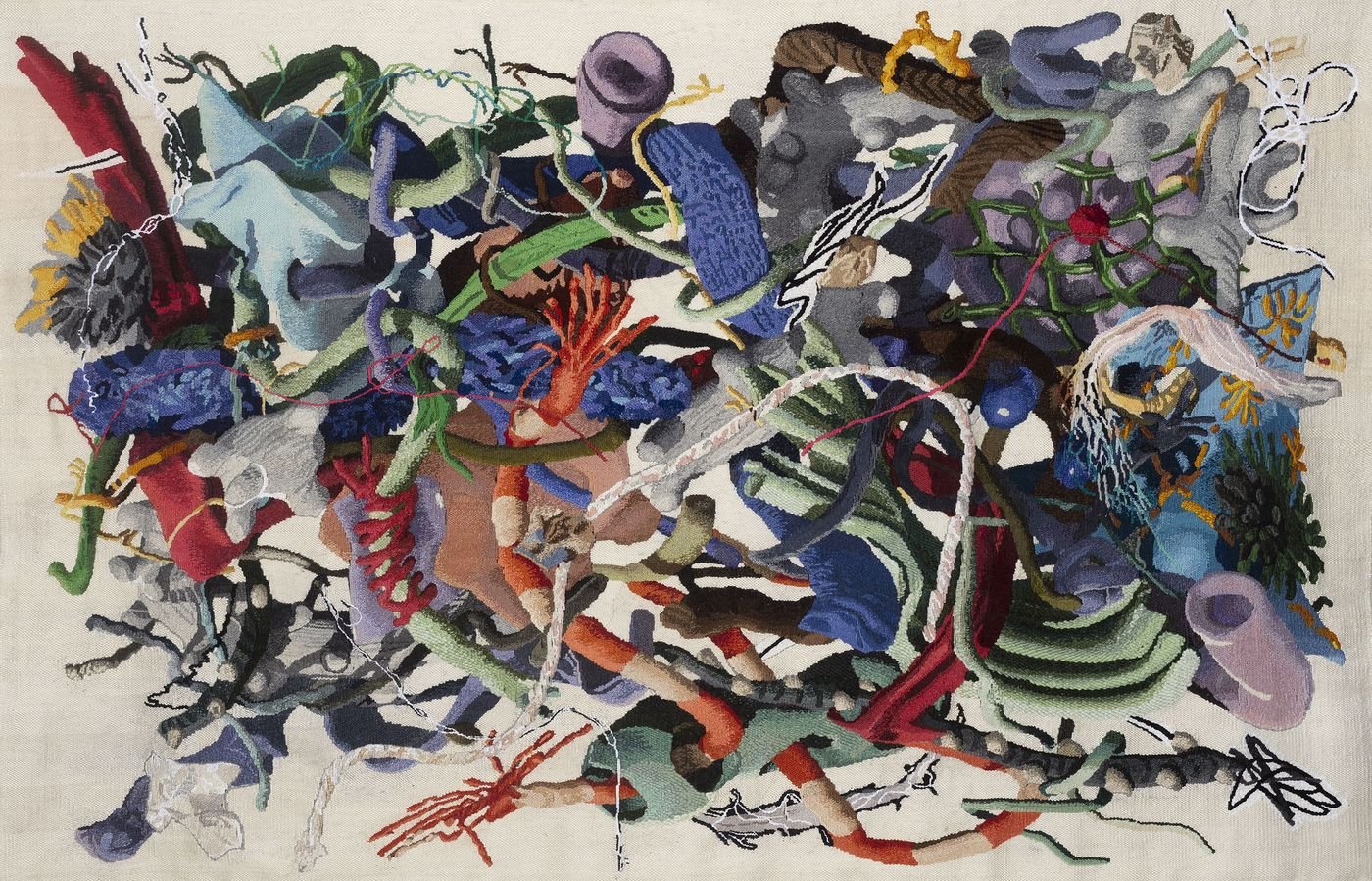 A wildly intricate tapestry by Misha Kahn, composed of tangled, organic shapes and vibrant textures—an explosion of embroidered forms resembling sea creatures, plants, wires, and abstract matter, all woven into a chaotic yet mesmerizing visual ecosystem on a neutral canvas backdrop. A wildly intricate tapestry by Misha Kahn, composed of tangled, organic shapes and vibrant textures—an explosion of embroidered forms resembling sea creatures, plants, wires, and abstract matter, all woven into a chaotic yet mesmerizing visual ecosystem on a neutral canvas backdrop.