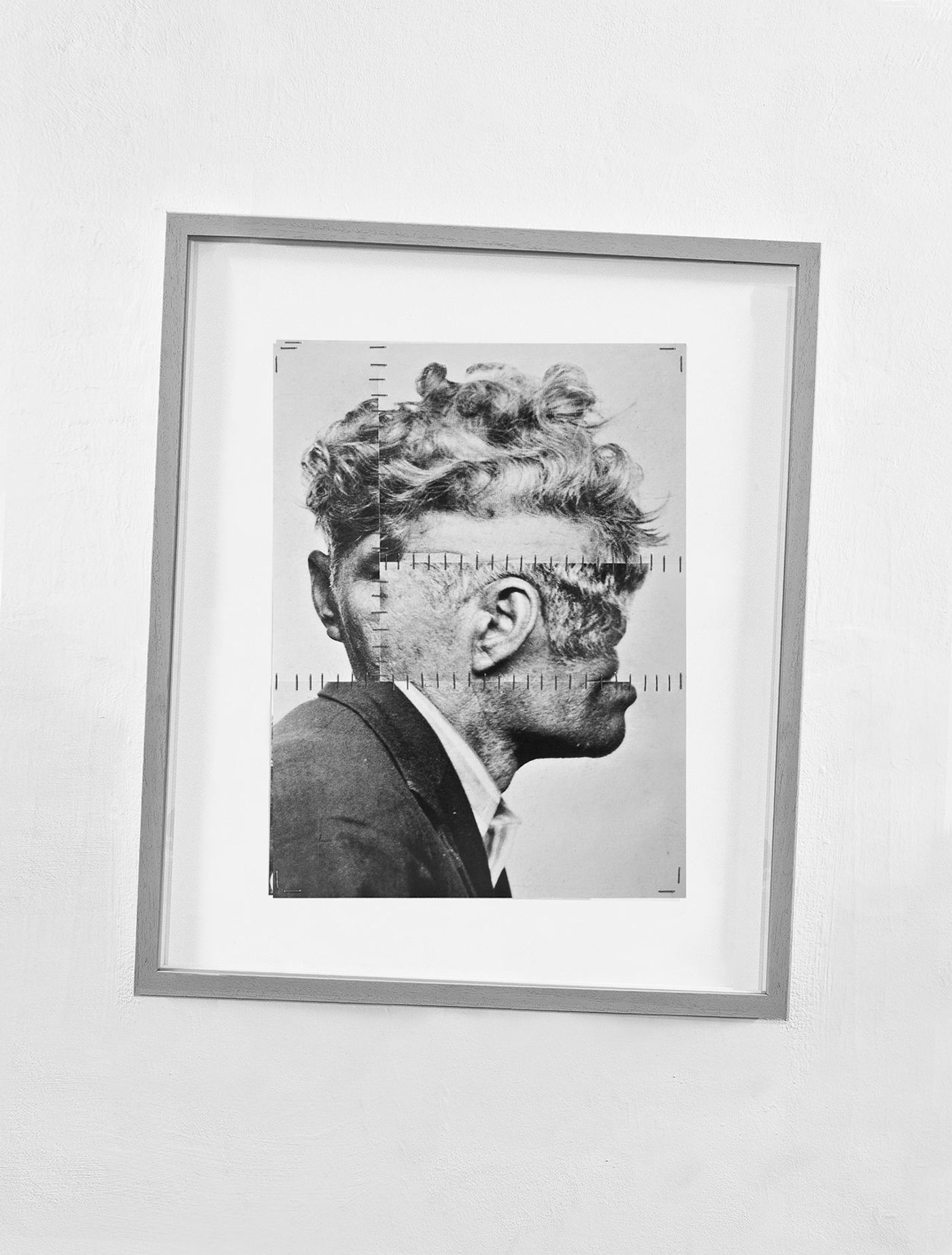 Bernhard Hosa, From the series Auf der Suche nach dem richtigen Bild, 2012. Inkjet-prints on plywood and cardboard, staples, 39,5 x 29,5 cm - framed 60 x 50 cm, 3 + 1 AE. Photo by Bernhard Hosa. Courtesy the artist. For this series, Hosa made collages of portraits of mental patients found in a 20th century book on physiognomics. 