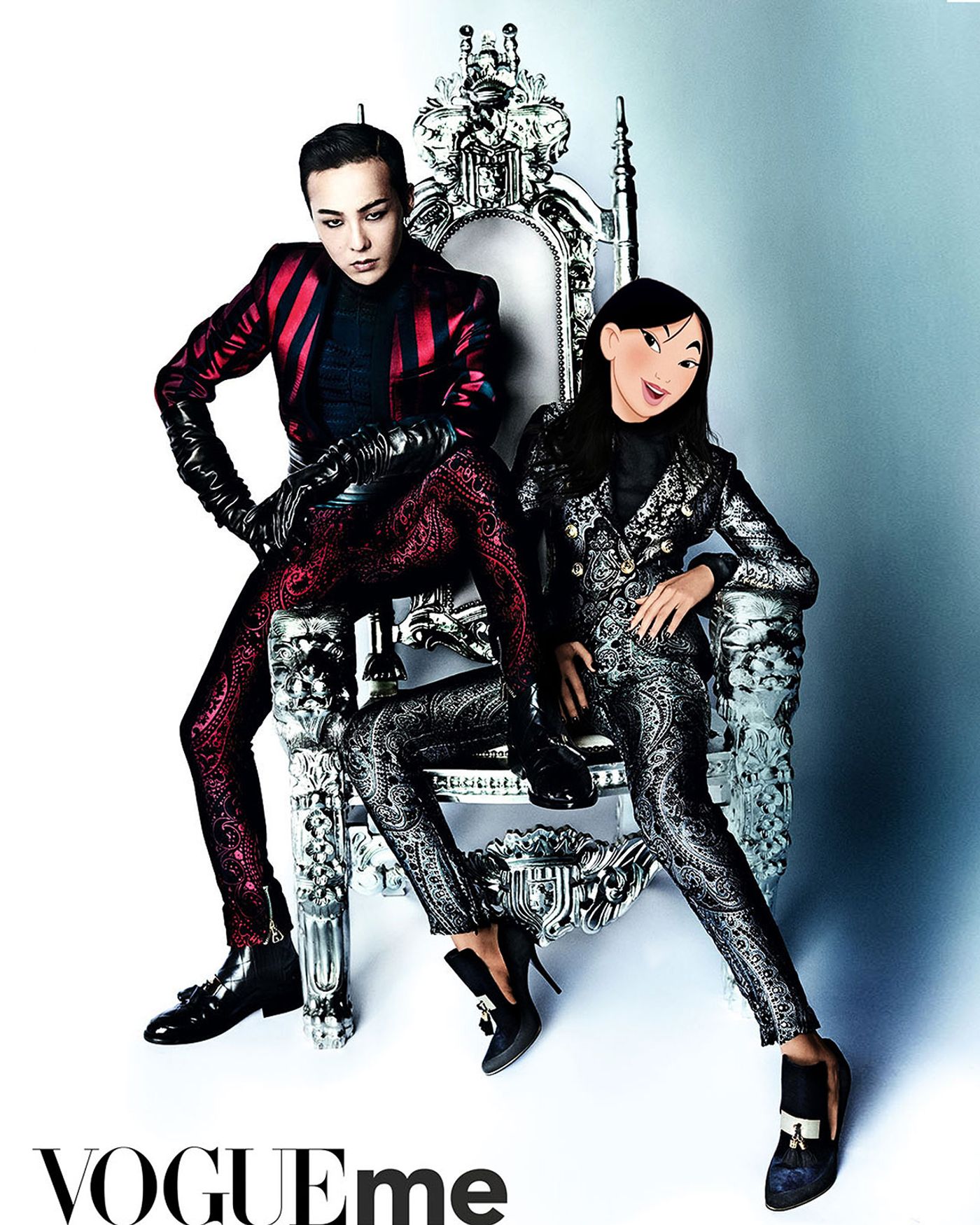 Bella Hadid as Mulan and G-Dragon in Balmain for Vogue China and Vogue Me from August 2016 issue. Photographed by Mario Testino, styled by Anna Trevelyan, photo edit by Gregory Masouras.